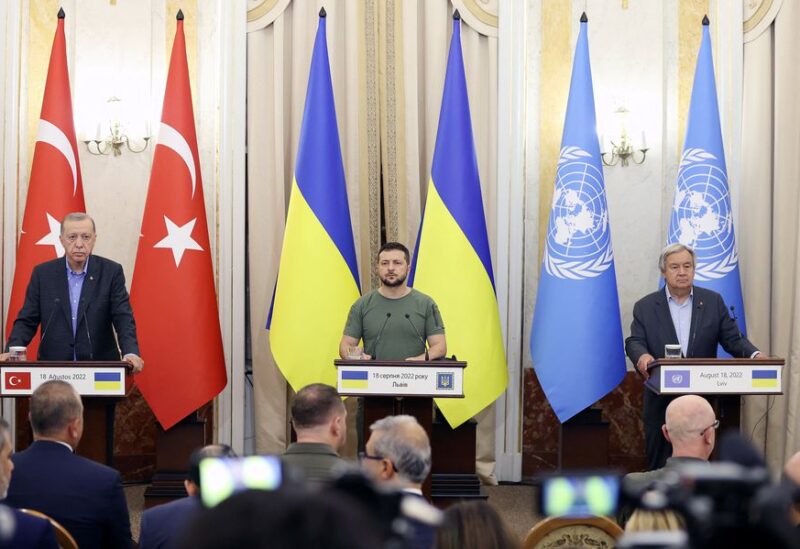Turkish President Tayyip Erdogan, Ukraine's President Volodymyr Zelenskiy and U.N. Secretary-General Antonio Guterres attend a news conference in Lviv, Ukraine August 18, 2022