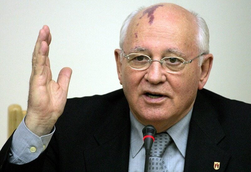FILE PHOTO: Former Soviet Union President Mikhail Gorbachev speaks at a meeting with former U.S. President George Bush (not pictured) in Moscow State Institute of International Relations, in Moscow Russia May 23, 2005. REUTERS/Sergei Karpukhin/File Photo