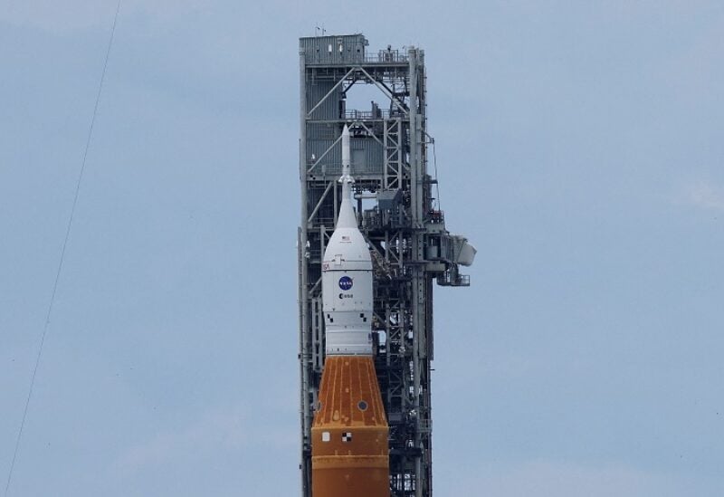 A view of NASA's next-generation moon rocket, the Space Launch System (SLS) rocket with its Orion crew capsule perched on top, as it stands on launch pad 39B in preparation for the unmanned Artemis 1 mission at Cape Canaveral, Florida, U.S. August 28, 2022. REUTERS/Joe Skipper