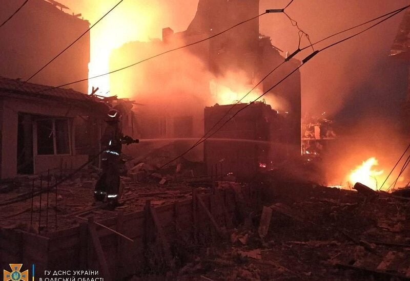 A firefighter works to contain a fire of a building, as Russia's attack on Ukraine continues, at the location given as Zatoka, Odesa region, Ukraine August 17, 2022. Courtesy of State Emergency Service of Ukraine/Handout via REUTERS ATTENTION EDITORS - THIS IMAGE HAS BEEN SUPPLIED BY A THIRD PARTY