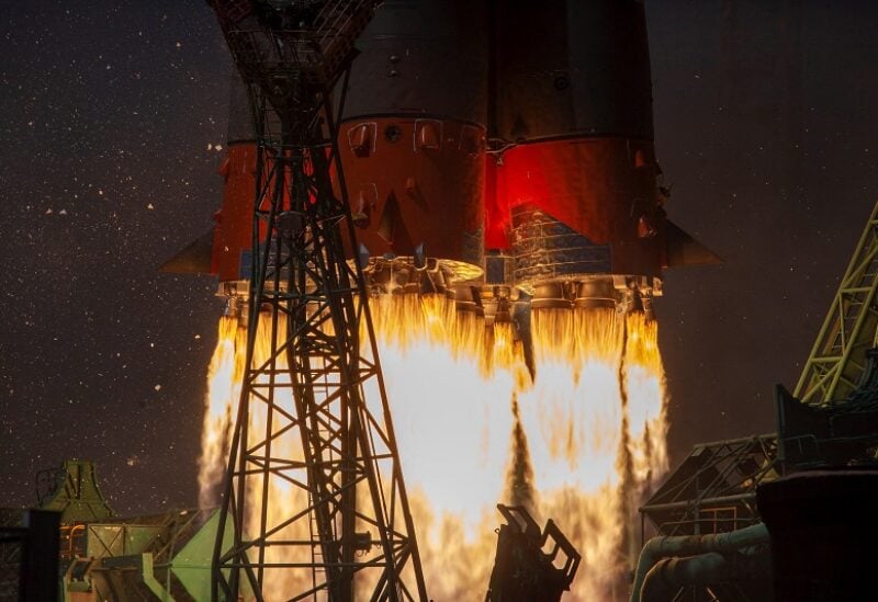 A Soyuz-2.1b rocket booster with the Iranian satellite "Khayyam" blasts off from the launchpad at the Baikonur Cosmodrome, Kazakhstan August 9, 2022. Roscosmos/Handout via REUTERS ATTENTION EDITORS - THIS IMAGE HAS BEEN SUPPLIED BY A THIRD PARTY. MANDATORY CREDIT.