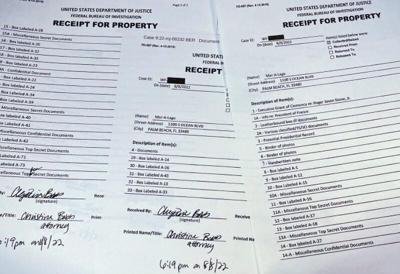 The three page itemized list of property seized in the execution of a search warrant by the FBI at former President Donald Trump's Mar-a-Lago estate is seen after being released by the U.S. District Court for the Southern District of Florida in West Palm Beach, Florida, U.S. August 12, 2022. REUTERS/Jim Bourg