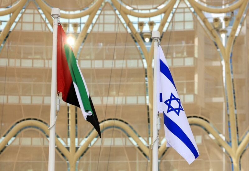 Flags of United Arab Emirates and Israel flutter during Israel's National Day ceremony at Expo 2020 Dubai, in Dubai, United Arab Emirates, January 31, 2022. REUTERS/Christopher Pike/