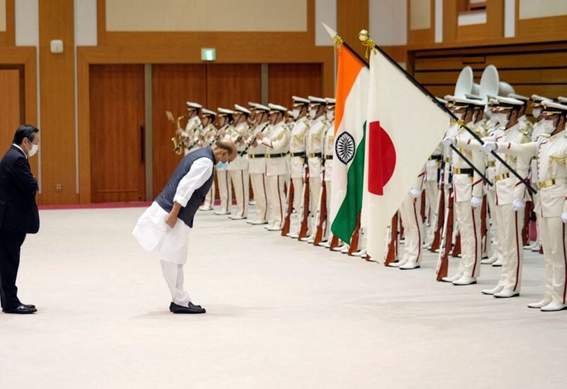 India’s defence minister Rajnath Singh and Japan's defence minister Yasukazu Hamada attend an honor guard ceremony, prior to the Japan-India bilateral defence meeting at the Japanese Defence Ministry in Tokyo, Japan, 08 September 2022. FRANCK ROBICHON/Pool via REUTERS