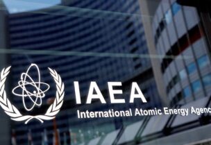 The logo of the International Atomic Energy Agency (IAEA) is seen at their headquarters during a board of governors meeting in Vienna, Austria, June 7, 2021. REUTERS/Leonhard Foeger/File Photo