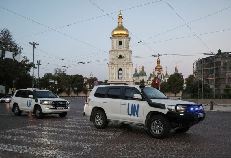 UN vehicles with members of International Atomic Energy Agency (IAEA) mission depart for visit to Zaporizhzhia nuclear power plant amid Russia's invasion of Ukraine, in central Kyiv, Ukraine August 31, 2022. REUTERS/Gleb Garanich