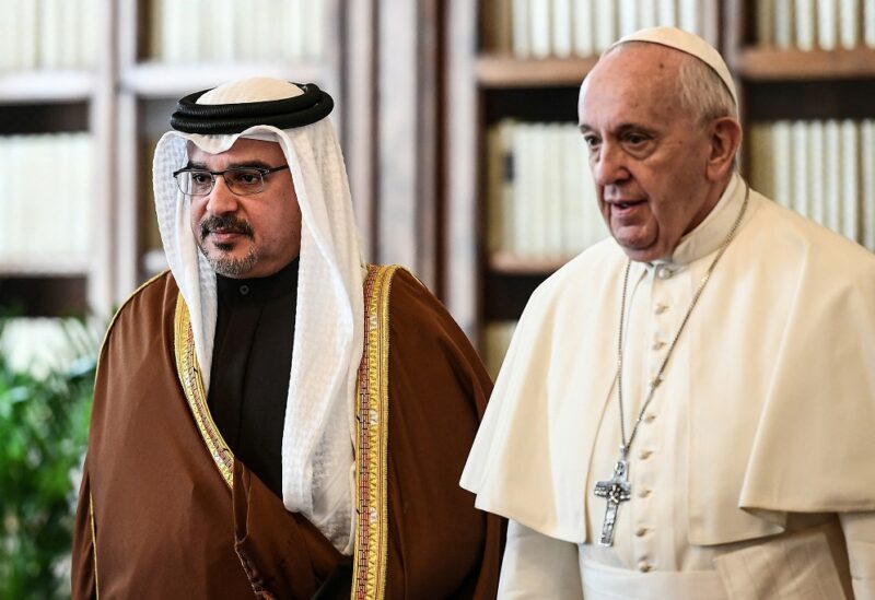 Pope Francis meets with Bahrain's Crown Prince Salman bin Hamad bin Isa al-Khalifa during a private audience at the Vatican, February 3, 2020. Vincenzo Pinto/Pool via REUTERS/File Photo