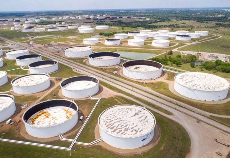 Crude oil storage tanks are seen in an aerial photograph at the Cushing oil hub in Cushing, Oklahoma, U.S. April 21, 2020. REUTERS/Drone Base