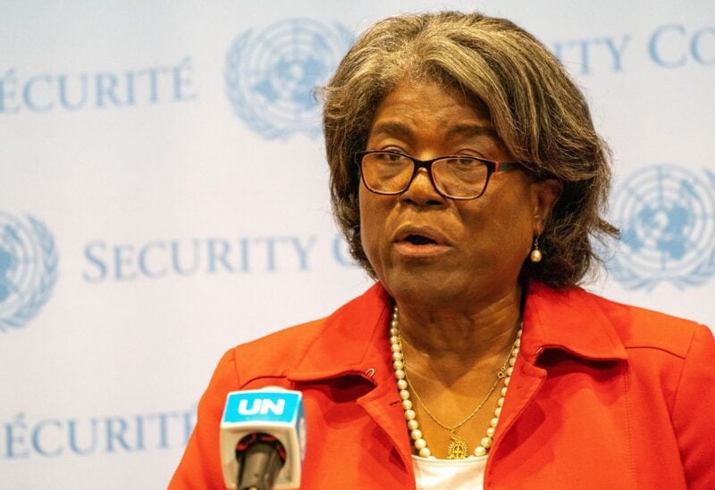 U.S. Ambassador to the U.N. Linda Thomas-Greenfield speaks at the U.N. media stakeout prior to the United Nations Security Council meeting, amid Russia's invasion of Ukraine, at the United Nations Headquarters in New York City, New York, U.S., September 7, 2022. REUTERS/David 'Dee' Delgado