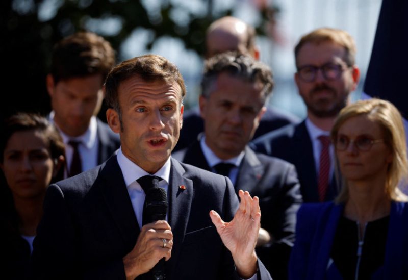 French President Emmanuel Macron delivers a speech at the Sub-Prefecture in Saint-Nazaire after a visit at the Saint-Nazaire offshore wind farm, off the coast of the Guerande peninsula in western France, September 22, 2022. REUTERS/Stephane Mahe/Pool