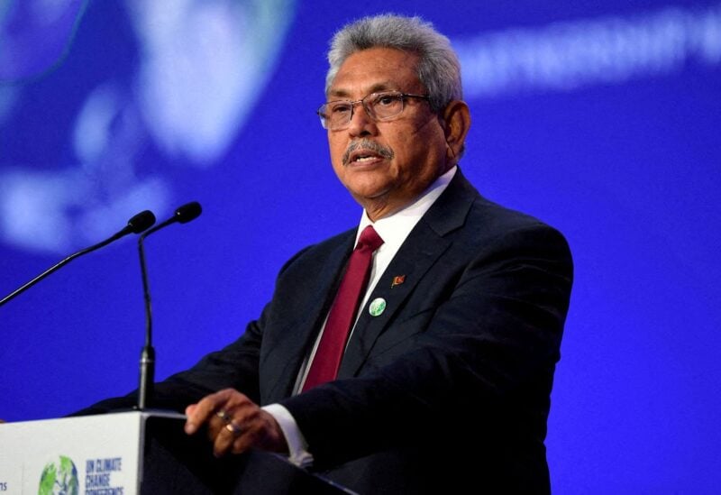 Sri Lanka's then president, Gotabaya Rajapaksa, presenting his national statement during the World Leaders' Summit at the UN Climate Change Conference (COP26) in Glasgow, Scotland, Britain November 1, 2021. Andy Buchanan/Pool via REUTERS/File Photo