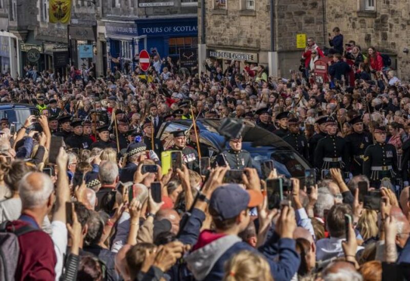 King Charles III, Princess Anne, and Prince Andrew, left, follow the coffin of Queen Elizabeth II up the Royal Mile to St Giles' Cathedral in Edinburgh, Monday, Sept. 12, 2022. (AP)