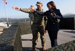 U.S. Vice President Kamala Harris uses binoculars at the military observation post as she visits the demilitarized zone (DMZ) separating the two Koreas, in Panmunjom, South Korea, September 29, 2022. REUTERS