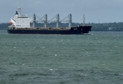 The Panama-flagged bulk carrier ship, the Navi Star arrives at Foynes Port delivering 33,000 tonnes of Ukrainian corn to Ireland, in Foynes, Ireland August 20, 2022. REUTERS