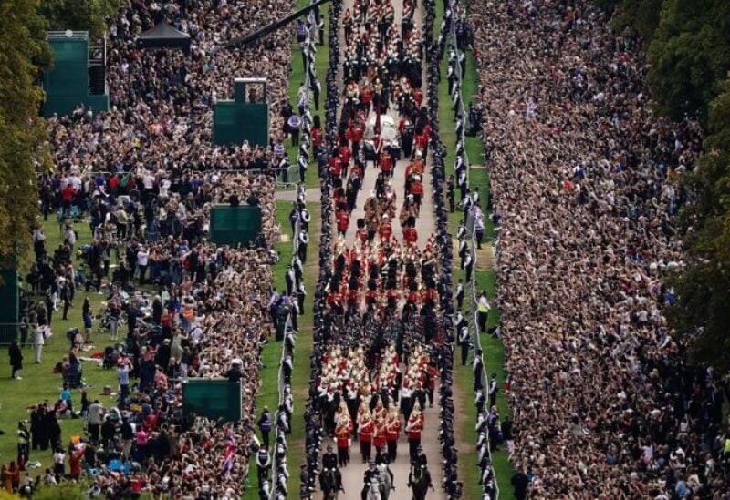 The Ceremonial Procession of the coffin of Queen Elizabeth II travels down the Long Walk as it arrives at Windsor Castle for the Committal Service at St George's Chapel. Picture date: Monday September 19, 2022. (Reuters)