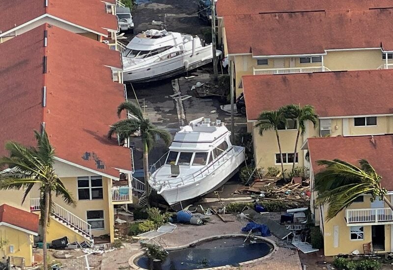 An aerial view of damaged boats after Hurricane Ian caused widespread destruction in Fort Myers