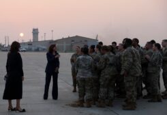 U.S. Vice President Kamala Harris meets soldiers before her departure from the demilitarized zone (DMZ) separating the two Koreas, in Panmunjom, South Korea, September 29, 2022. REUTERS/Leah Millis/Pool