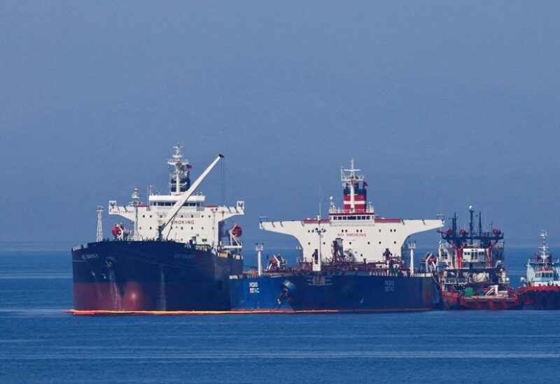 FILE PHOTO: The Liberian-flagged oil tanker Ice Energy transfers crude oil from the Iranian-flagged oil tanker Lana (former Pegas), off the shore of Karystos, on the Island of Evia, Greece, May 26, 2022. REUTERS/Costas Baltas/File Photo