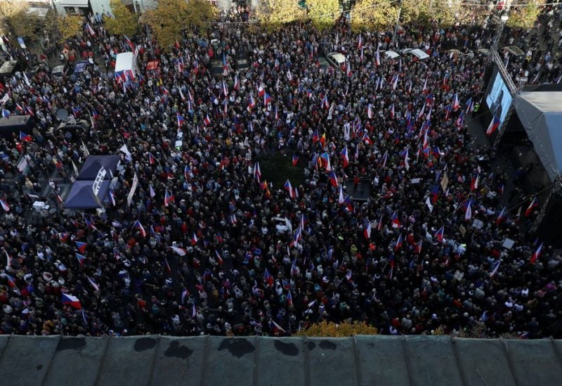 Demonstrators take part in an anti-government protest rally advocating for the country to bypass EU-backed sanctions against Russia and purchase gas directly from Moscow, in Prague, Czech Republic, October 28, 2022. REUTERS/Bundas Engler