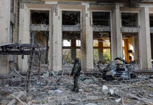 A view shows the city administration building hit by recent shelling in the course of Ukraine-Russia conflict, in Donetsk, Russian-controlled Ukraine, October 16, 2022. REUTERS/Alexander Ermochenko