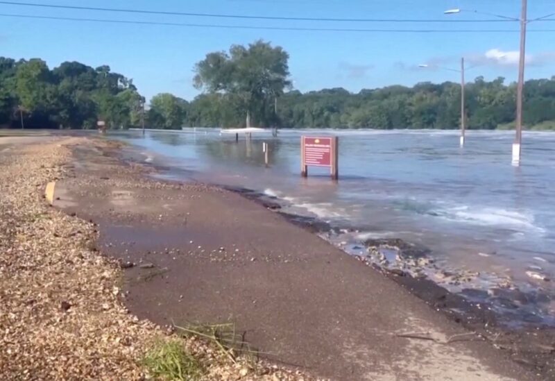 A view shows a flooded area next to a road near Pearl River following water discharges from Barnett Reservoir over the weekend, in Ridgeland, Mississippi, U.S. in this screen grab taken from a video August 29, 2022. REUTERS TV/via REUTERS