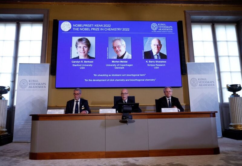 Jonas Aqvist, Chairman of the Nobel Committee for Chemistry, Hans Ellegren, Secretary General of the Royal Swedish Academy of Sciences and Olof Ramstrom, member of the Nobel Committee for Chemistry announce winners of the 2022 Nobel Prize in chemistry Caroline R. Bertozzi, Morten Meldal and K. Barry Sharpless, during a news conference at The Royal Swedish Academy of Sciences in Stockholm, Sweden, October 5, 2022. TT News Agency/Christine Olsson via REUTERS