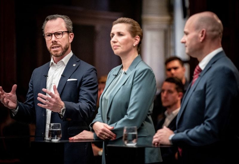 Danish Prime Minister and the leader of the Social Democrats, Mette Frederiksen, chairman of Denmark's Liberal Party, Jakob Ellemann-Jensen, and chairman of Conservative People's Party, Soren Pape Poulasen, attend a debate of candidates for Prime Minister of Denmark at the Danish Broadcasting Corporation in Copenhagen, Denmark October 16, 2022. Ritzau Scanpix/Mads Claus Rasmussen via REUTERS