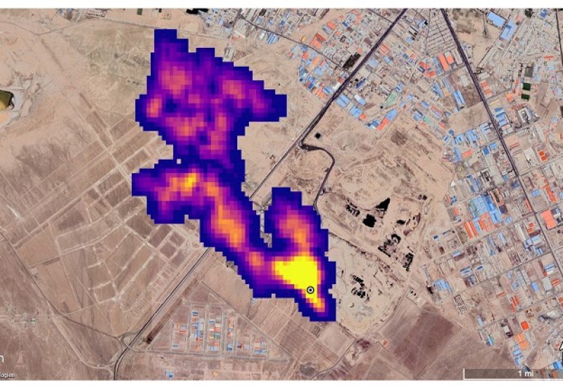 Imaging of a methane plume at least 3 miles (4.8 km) long rising from a major landfill, where methane is a byproduct of decomposition, south of Tehran, Iran, captured by NASA's orbital imaging spectrometer, is overlaid on a satellite photo in this handout image released October 25, 2022. Google Earth/Maxar/NASA/JPL-Caltech/Handout via REUTERS THIS IMAGE HAS BEEN SUPPLIED BY A THIRD PARTY. NO RESALES. NO ARCHIVES. MANDATORY CREDIT