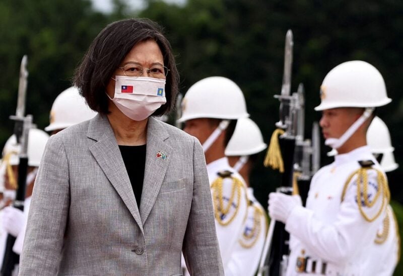 Taiwanese President Tsai Ing-wen welcomes the President of Palau, Surangel Whipps (not pictured) at a ceremony in Taipei , Taiwan, October 6, 2022. REUTERS
