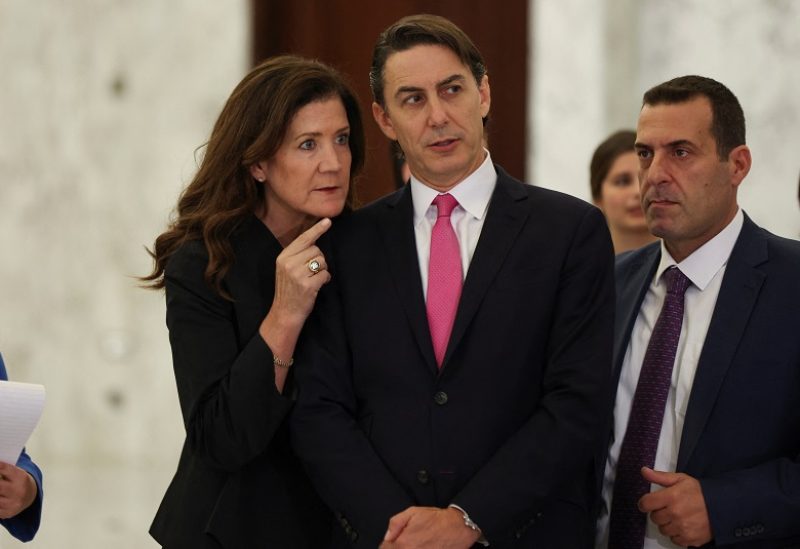 U.S. Ambassador to Lebanon Dorothy Shea gestures as she talks with U.S. Senior Advisor for Energy Security Amos Hochstein at the presidential palace in Baabda, Lebanon October 27, 2022. REUTERS/Mohamed Azakir