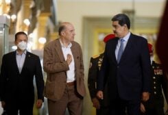 Venezuela's President Nicolas Maduro and Colombia's Foreign Minister Alvaro Leyva walk after meeting at the Miraflores Palace, in Caracas, Venezuela October 4, 2022. REUTERS/Leonardo Fernandez Viloria