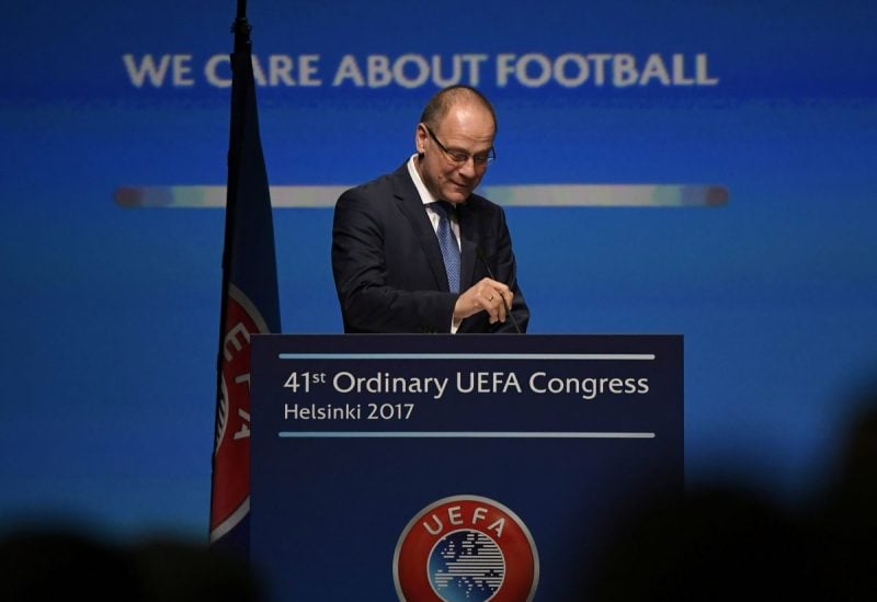 Tibor Navracsics speaks during the 41st Ordinary UEFA Congress at the Fair Centre Messukeskus in Helsinki, Finland April 5, 2017. Lehtikuva/Markku Ulander/via REUTERS