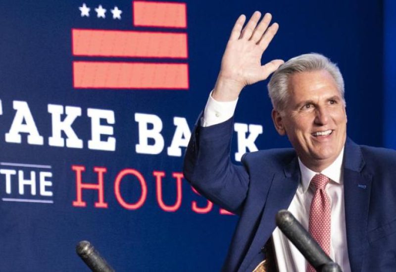 House Minority Leader Kevin McCarthy of Calif., arrives to speak at an event early Wednesday morning, Nov. 9, 2022, in Washington. (AP Photo/Alex Brandon)