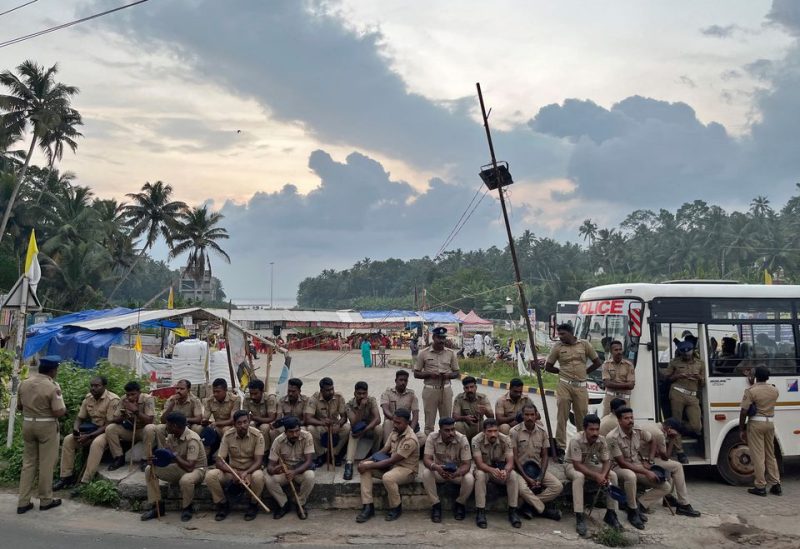 Police officers are deployed as fishermen protest near the entrance of the proposed Vizhinjam Port in the southern state of Kerala, India, November 9, 2022. REUTERS/Munsif Vengattil