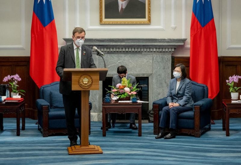 British Minister of State at the Department for International Trade Greg Hands speaks during a meeting with Taiwan President Tsai Ing-wen at the presidential building in Taipei, Taiwan, November 9, 2022. Taiwan Presidential Office/Handout via REUTERS