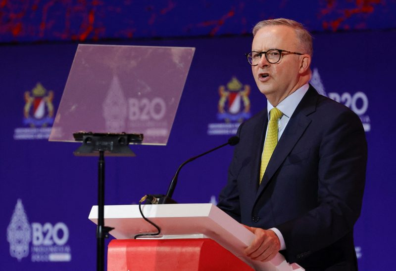 Australian Prime Minister Anthony Albanese delivers his speech during the B20 Summit, ahead of the G20 leaders' summit, in Nusa Dua, Bali, Indonesia, November 14, 2022.REUTERS/Willy Kurniawan