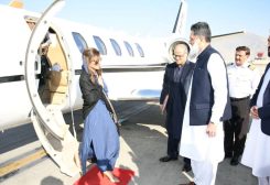 Pakistan's Minister of State Hina Rabbani Khar, greets Ubaid-ur-Rahman Nizamani, head of Mission of Embassy of Pakistan, upon her arrival in Kabul, Afghanistan November 29, 2022. Ministry of Foreign Affairs (MoFA)/Handout via REUTERS