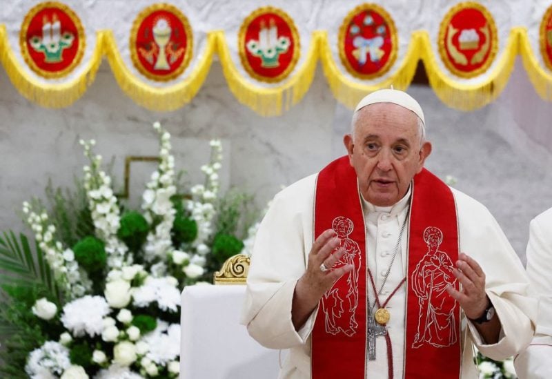 Pope Francis attends a meeting and an Angelus prayer with bishops, priests, consecrated persons, seminarians and pastoral workers at Sacred Heart Church, on the last day of his apostolic journey, in Manama, Bahrain, November 6, 2022. REUTERS/Yara Nardi