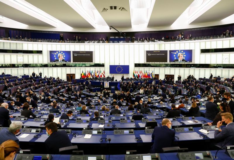 General view of the plenary room as the EU Parliament holds a ceremony to pay tribute to late European Parliament President David Sassoli, in Strasbourg, France, January 17, 2022. REUTERS/Gonzalo Fuentes