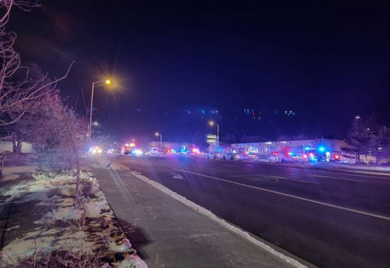 A view of various security and emergency vehicles with flashing blinkers parked on a street, after a shooting in a club, in Colarado Springs, Colorado, U.S November 20, 2022, in this picture obtained from social media. in this picture obtained from social media. Trey Deabueno/TWITTER @TREYRUFFY/via REUTERS