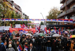People protest following local Serbs' decision to leave Kosovo institutions, in North Mitrovica, Kosovo, November 6, 2022. REUTERS