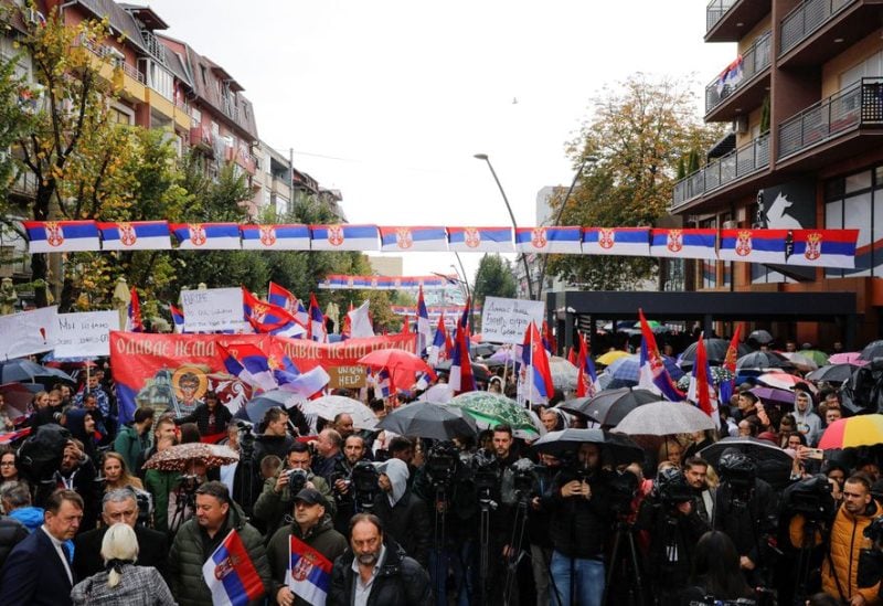 People protest following local Serbs' decision to leave Kosovo institutions, in North Mitrovica, Kosovo, November 6, 2022. REUTERS