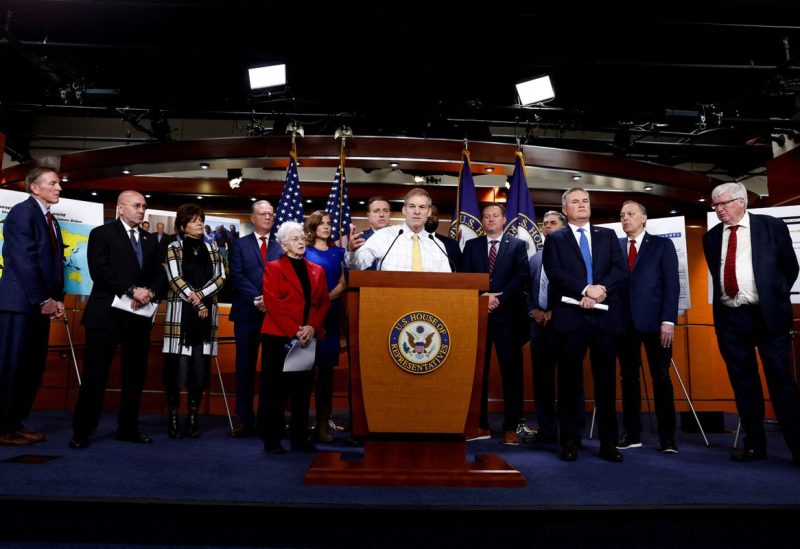 U.S. Rep. Rep. Jim Jordan (R-OH), ranking Republican on the House Judiciary Committee, is flanked by fellow House Republicans as he discusses the investigation into the Biden family’s business dealings during a news conference at the U.S. Capitol in Washington, U.S., November 17, 2022. REUTERS