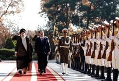 Iranian President Ebrahim Raisi walks with Iraqi Prime Minister Mohammed Shia al-Sudani during a welcoming ceremony in Tehran, Iran November 29, 2022. Iraqi Prime Minister Media Office/Handout via REUTERS ATTENTION EDITORS - THIS IMAGE WAS PROVIDED BY A THIRD PARTY.