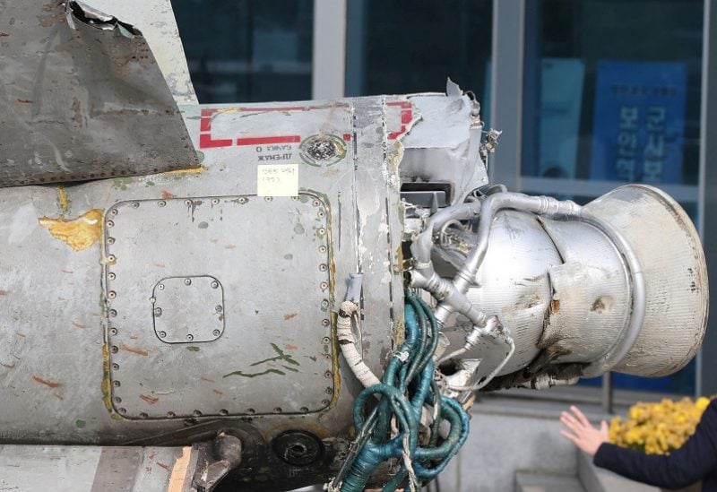 Debris of a North Korean missile salvaged from South Korean waters that was identified as parts of a Soviet-era SA-5 surface-to-air missile is seen at the Defense Ministry in Seoul, South Korea, November 9, 2022. Yonhap via REUTERS ATTENTION EDITORS - THIS IMAGE HAS BEEN SUPPLIED BY A THIRD PARTY. SOUTH KOREA OUT. NO RESALES. NO ARCHIVE.