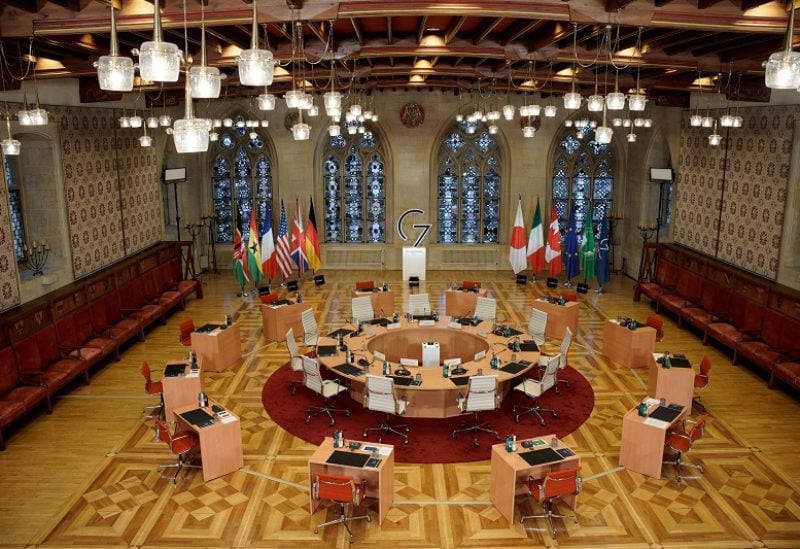 A general view of an empty room with the round table for a working session at a G7 Foreign Ministers Meeting, at the City Hall in Muenster, Germany November 4, 2022. Bernd Lauter/Pool via REUTERS