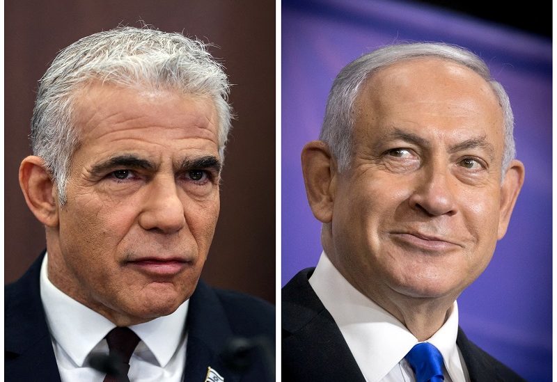 A combination picture shows Israeli Prime Minister Yair Lapid (left) at a cabinet in Jerusalem, October 23, 2022, and former Israeli Prime Minister Benjamin Netanyahu (right) at a news conference in Tel Aviv, Israel, March 8, 2021. Abir Sultan/Pool via REUTERS, Miriam Alster/Pool via REUTERS