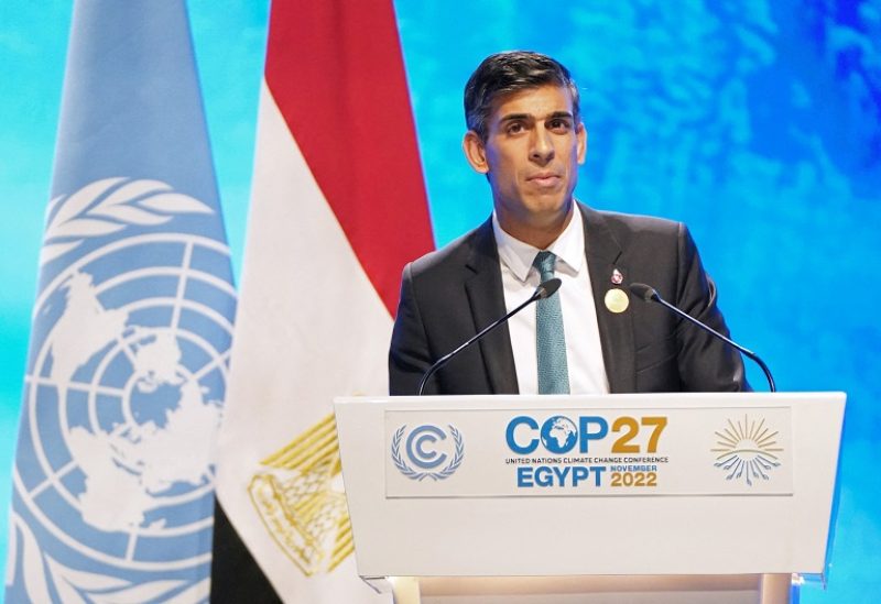 British Prime Minister Rishi Sunak addresses delegates during the COP27 summit at Sharm el-Sheikh, Egypt, November 7, 2022. Stefan Rousseau/Pool via REUTERS