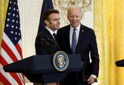 French President Emmanuel Macron greets U.S. President Joe Biden at the conclusion of their joint news conference in the East Room of the White House in Washington, U.S., December 1, 2022. REUTERS/Jonathan Ernst