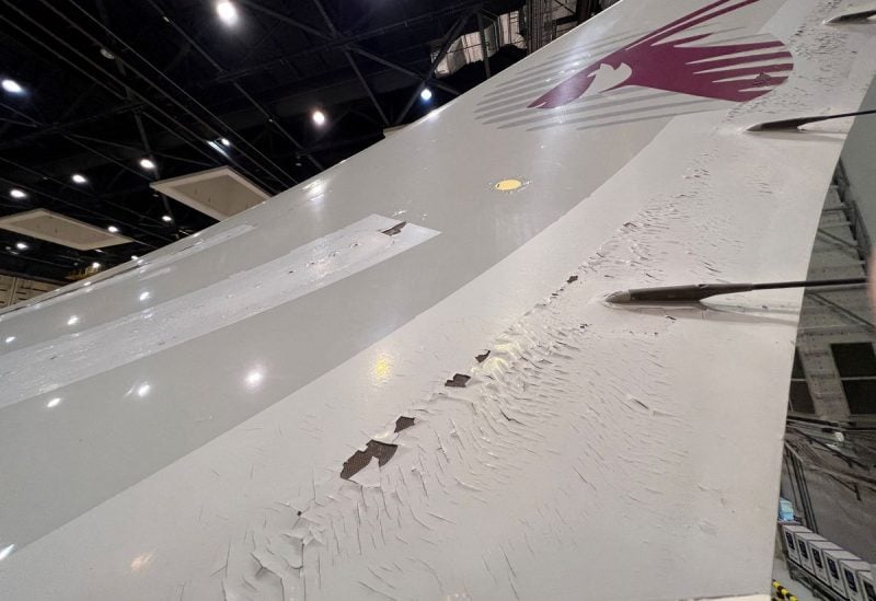 Surface damage seen on Qatar Airways' airbus A350 parked at Qatar airways aircraft maintenance hangar in Doha, Qatar, June 20, 2022. REUTERS/Imad Creidi